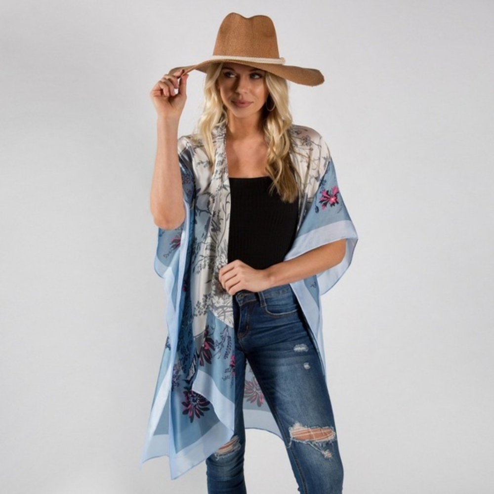 Satin Flower Print Kimono